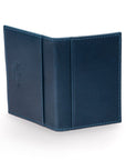 Leather travel card wallet, blue with red, back