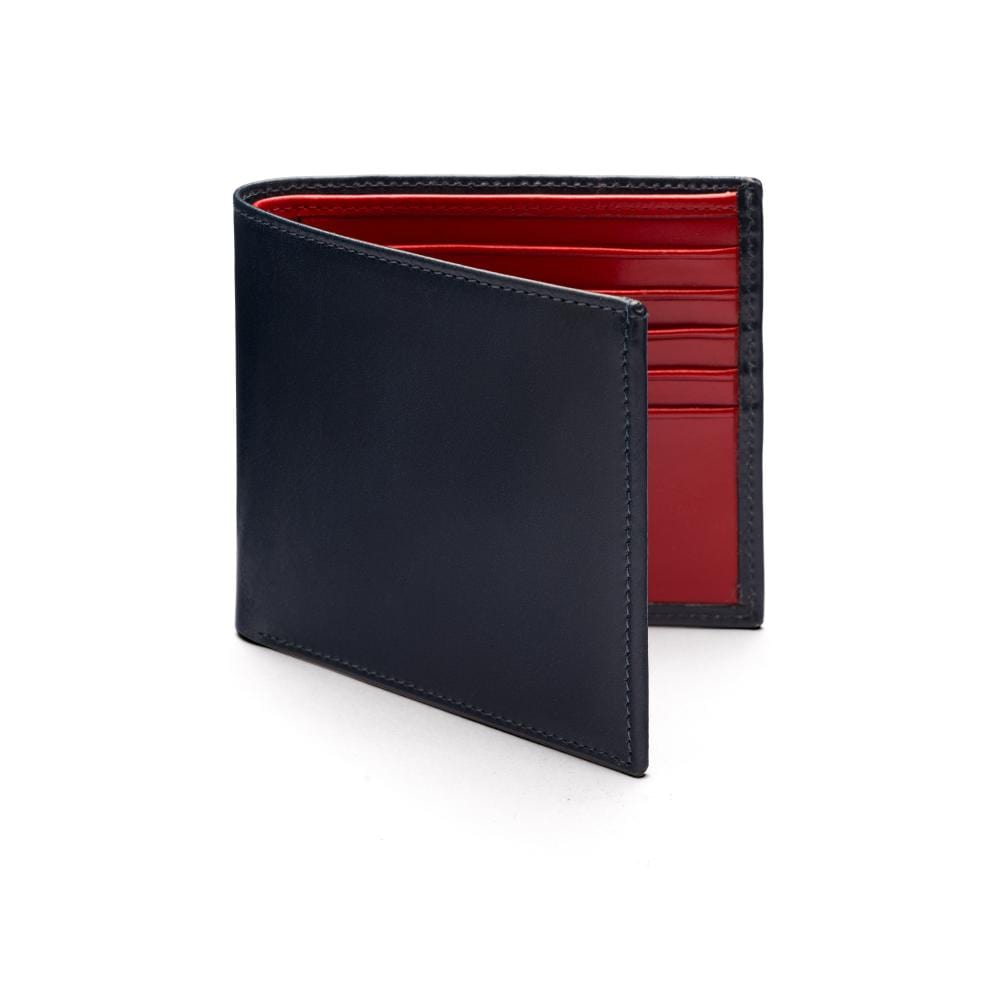 RFID wallet in bridle hide leather, navy with red, front