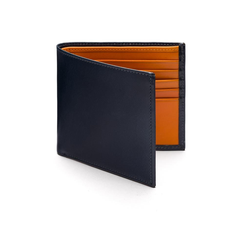 RFID wallet in bridle hide leather, navy with yellow, front