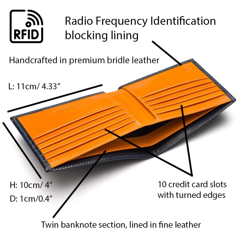 RFID wallet in bridle hide leather, navy with yellow, features
