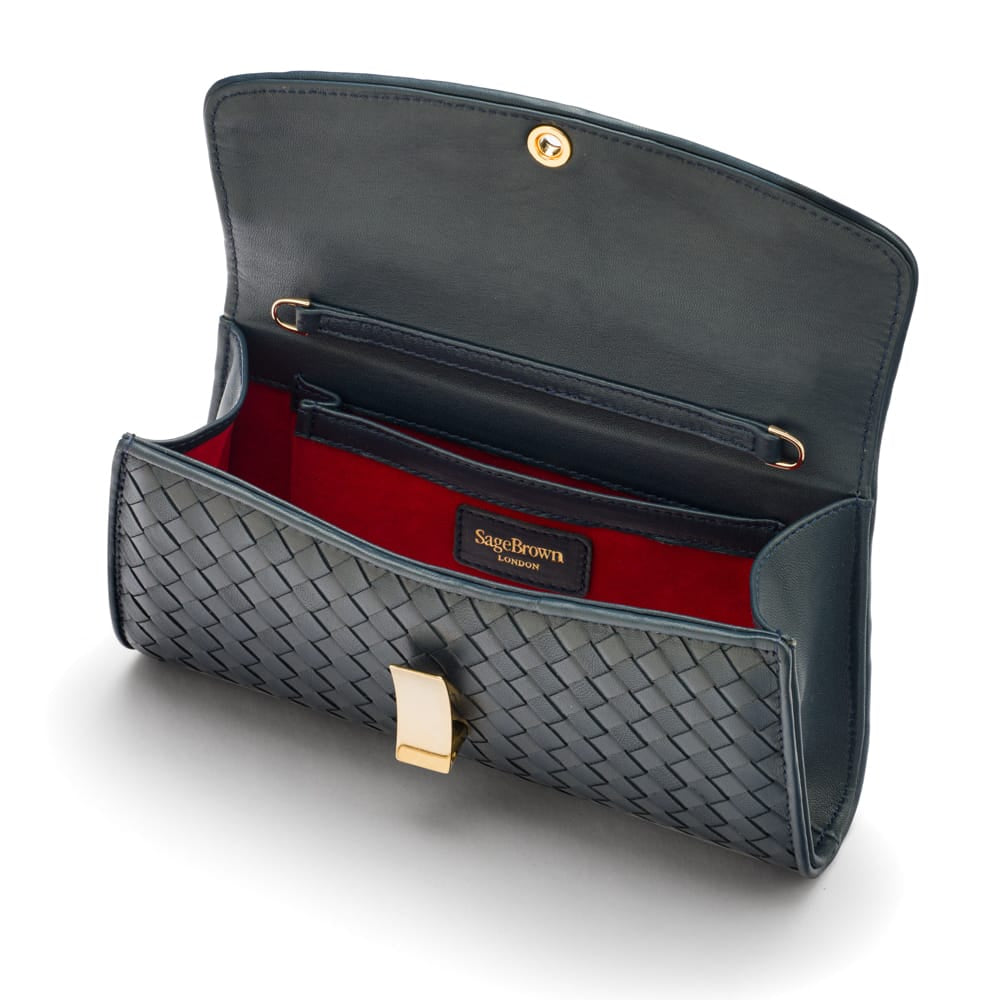 Woven leather clutch bag, navy, inside