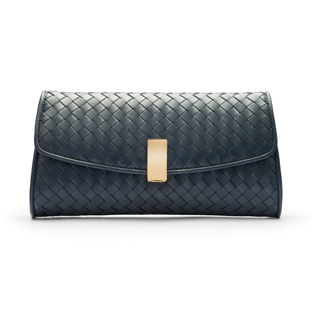 Woven leather clutch bag, navy, front