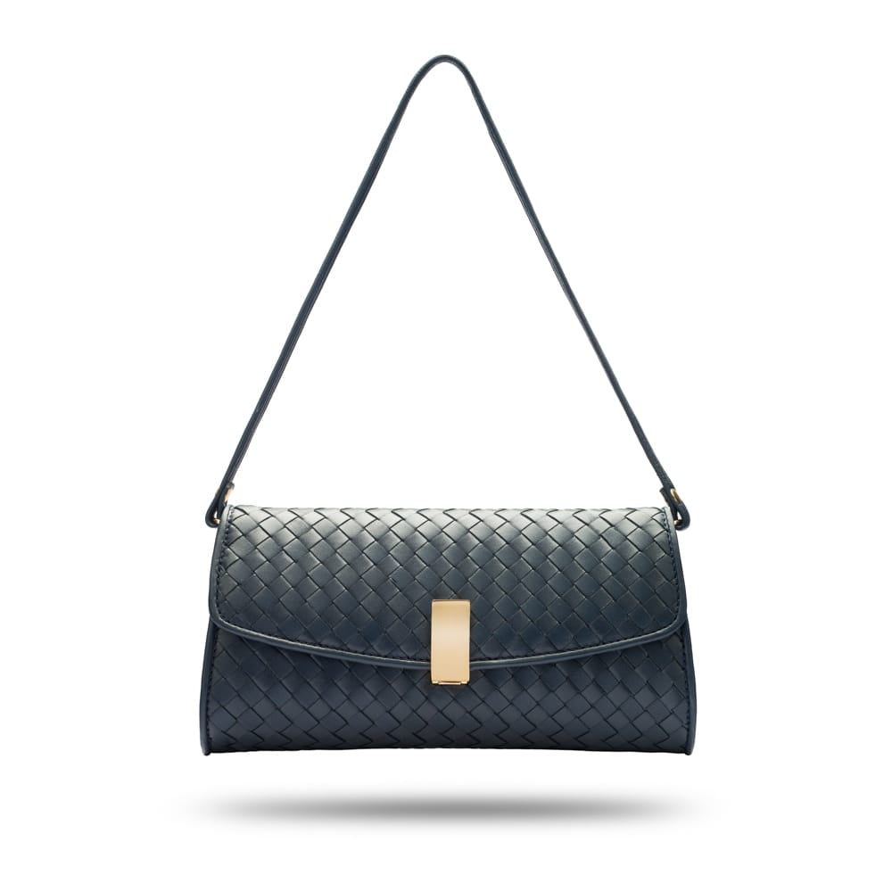 Woven leather clutch bag, navy, with leather strap