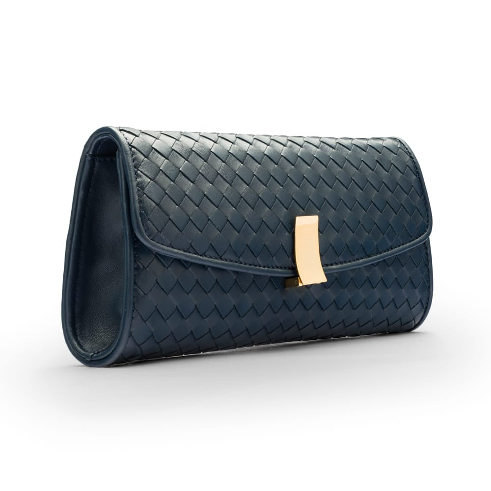 Woven leather clutch bag, navy, side
