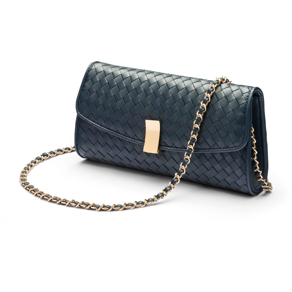 Woven leather clutch bag, navy, with chain strap