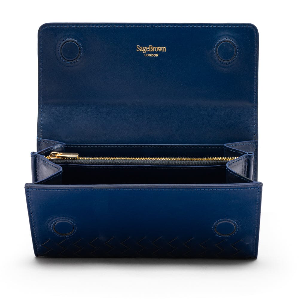 Woven leather concertina purse, navy, open