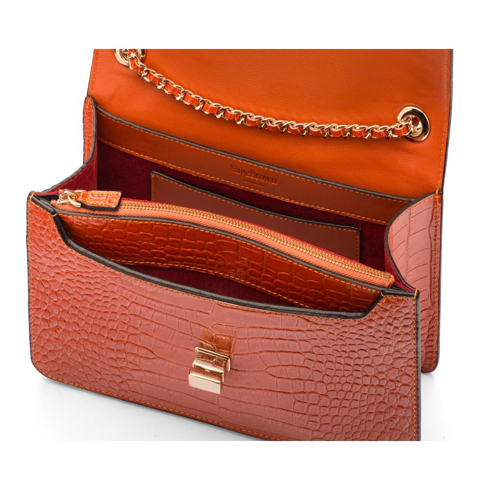 Leather chain bag, orange croc, inside