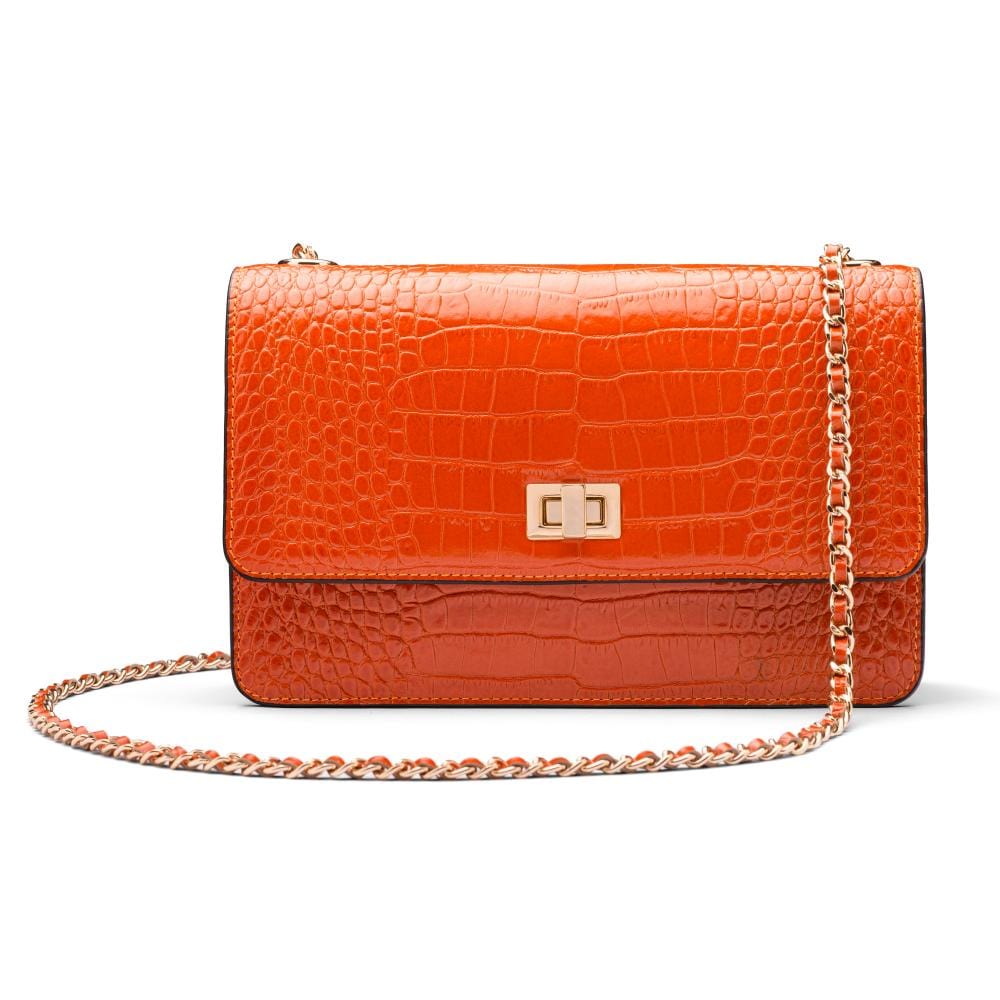 Leather chain bag, orange croc, front