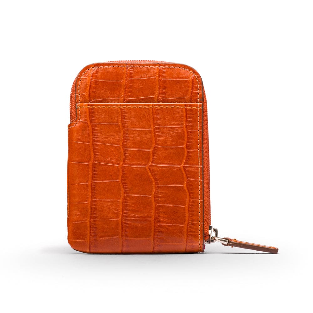 Leather card case with zip, orange croc, front