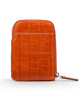 Leather card case with zip, orange croc, front