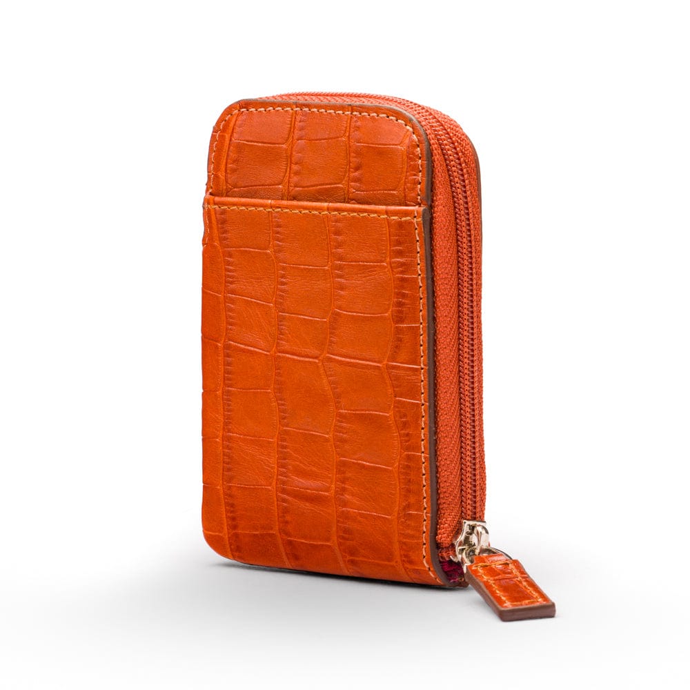 Leather card case with zip, orange croc, front view