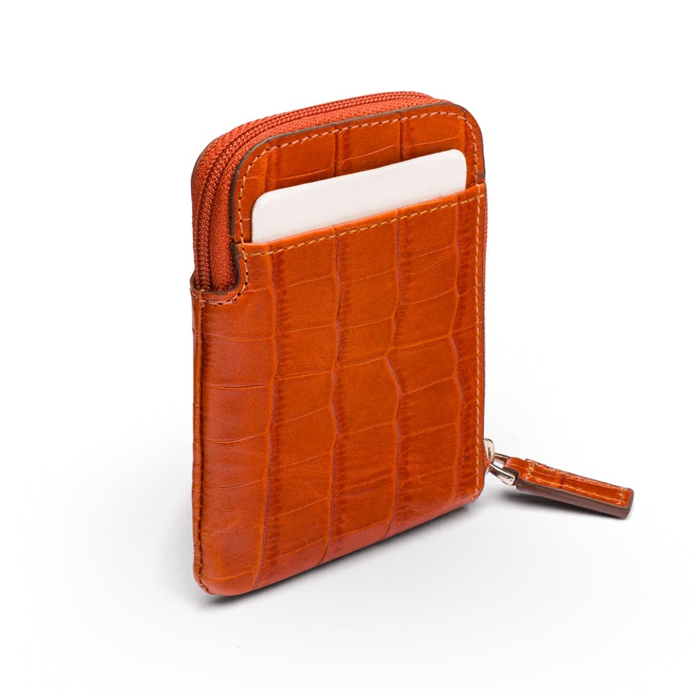 Leather card case with zip, orange croc, back