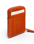 Leather card case with zip, orange croc, back