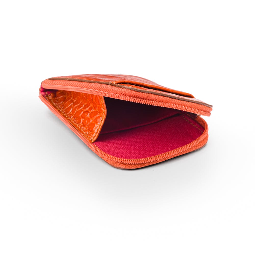 Leather card case with zip, orange croc, inside