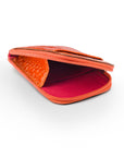 Leather card case with zip, orange croc, inside