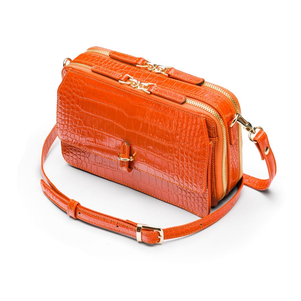 Small leather shoulder bag, orange croc, side