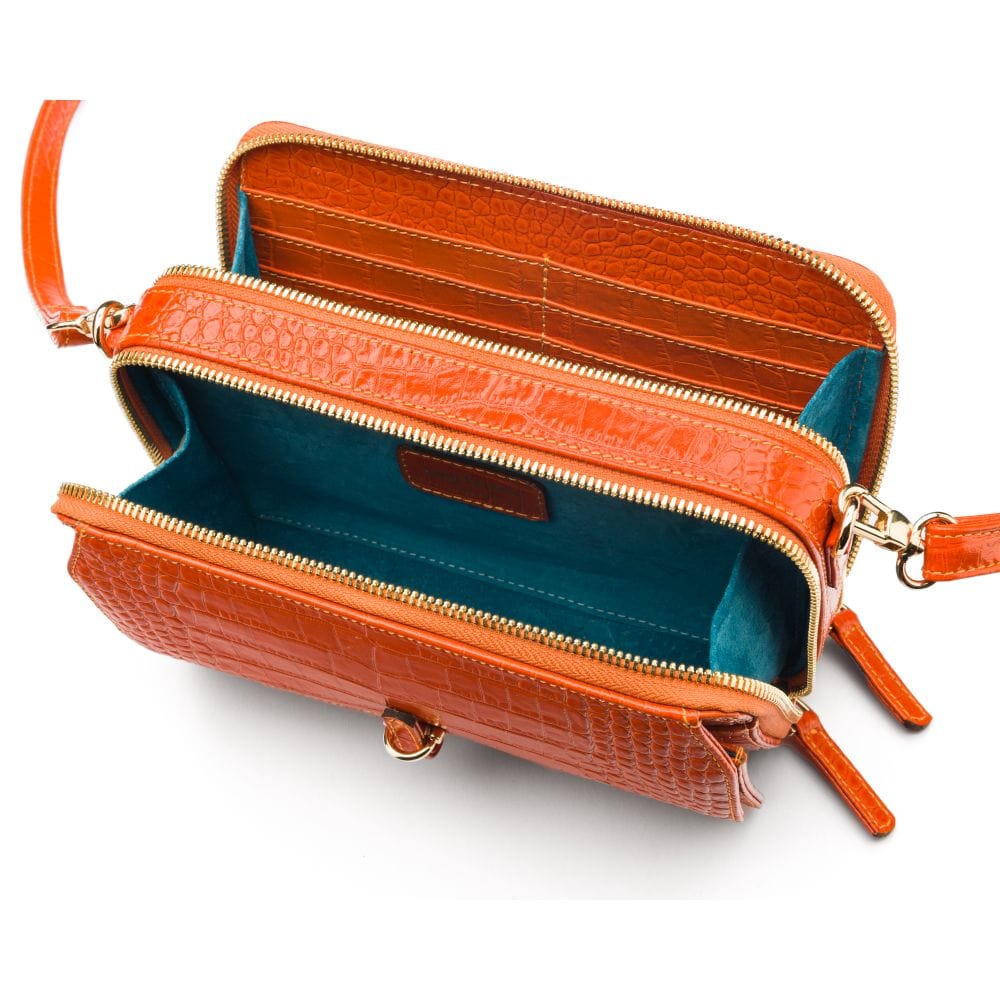 Small leather shoulder bag, orange croc, inside