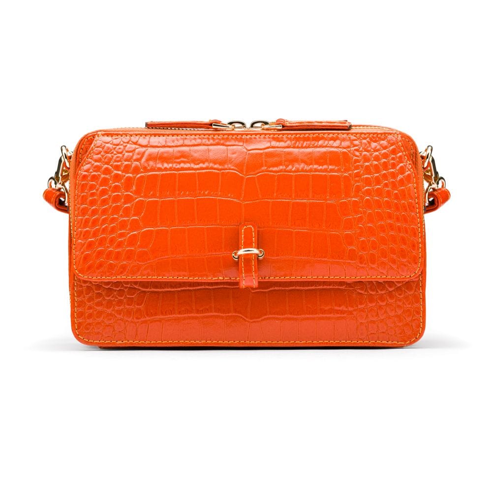 Small leather shoulder bag, orange croc, front