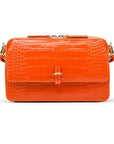 Small leather shoulder bag, orange croc, front