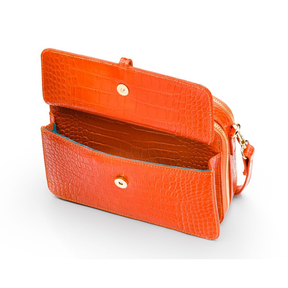 Small leather shoulder bag, orange croc, front pocket open