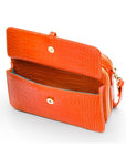 Small leather shoulder bag, orange croc, front pocket open