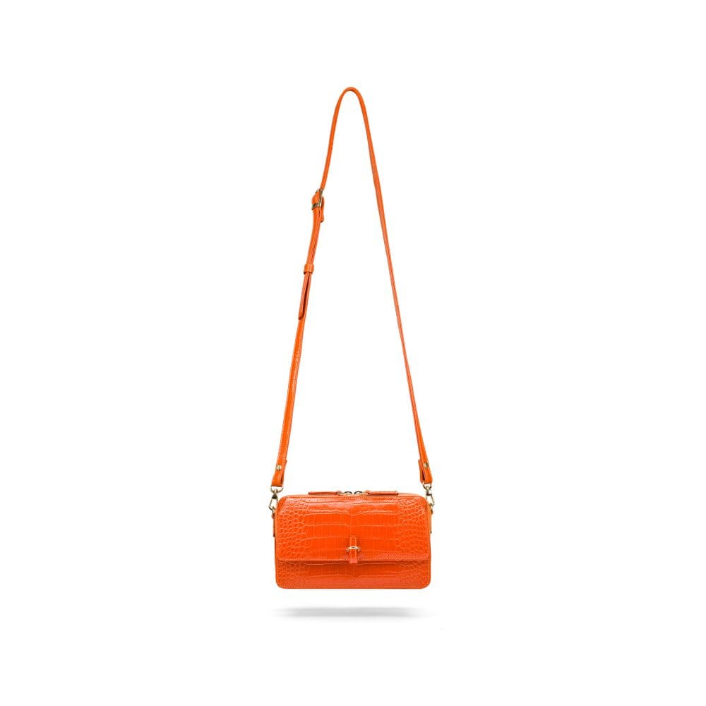 Small leather shoulder bag, orange croc, with shoulder strap