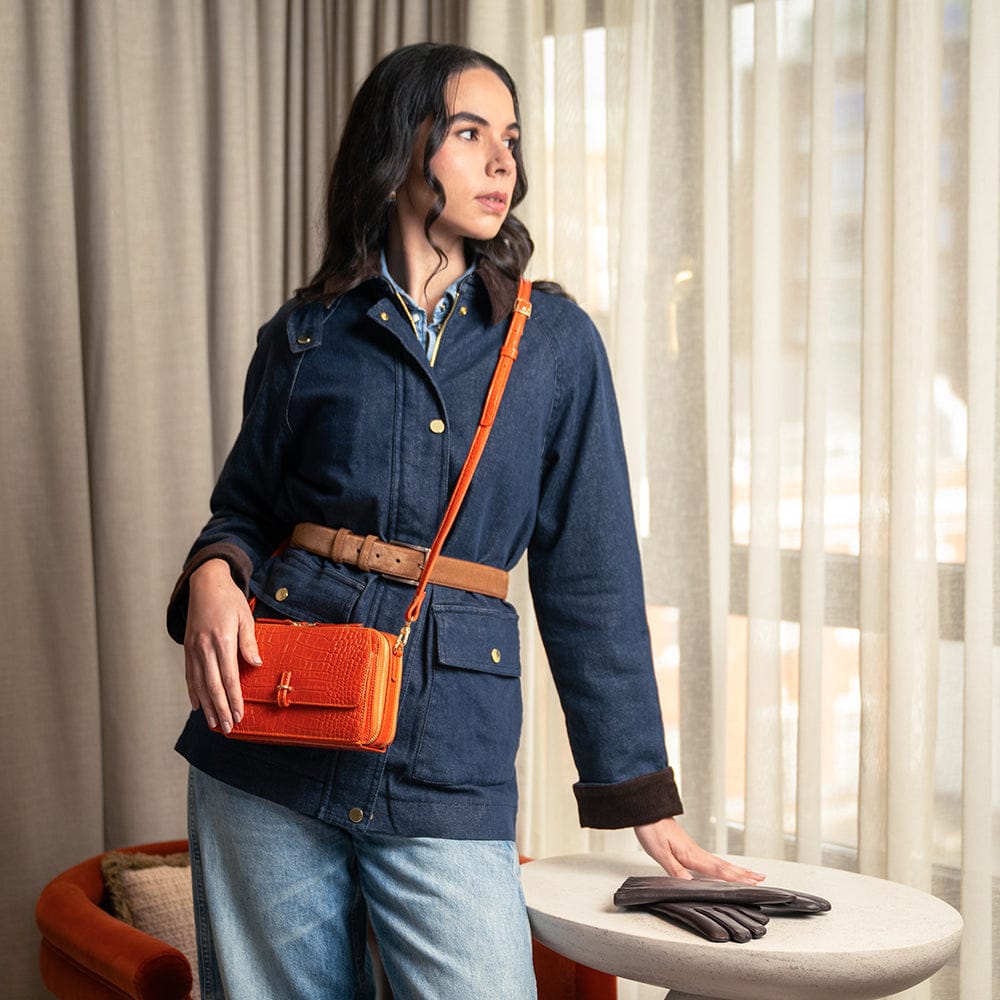 Small leather shoulder bag, orange croc, lifestyle