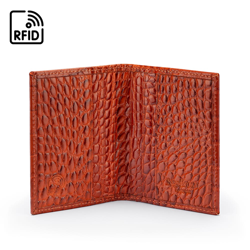 Premium Slim RFID Leather Credit Card Wallet, Orange Croc Effect, inside