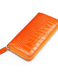 Tall leather zip around accordion purse, orange croc, front
