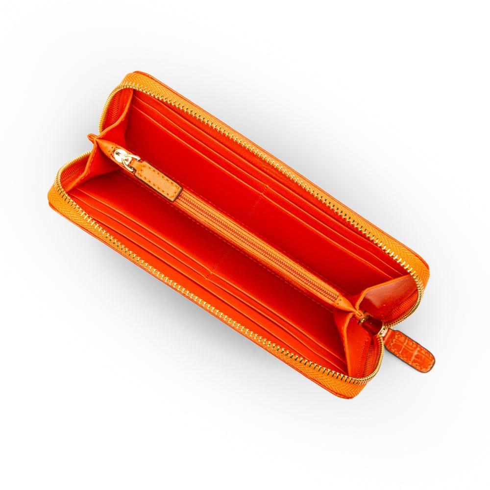 Tall leather zip around accordion purse, orange croc, inside