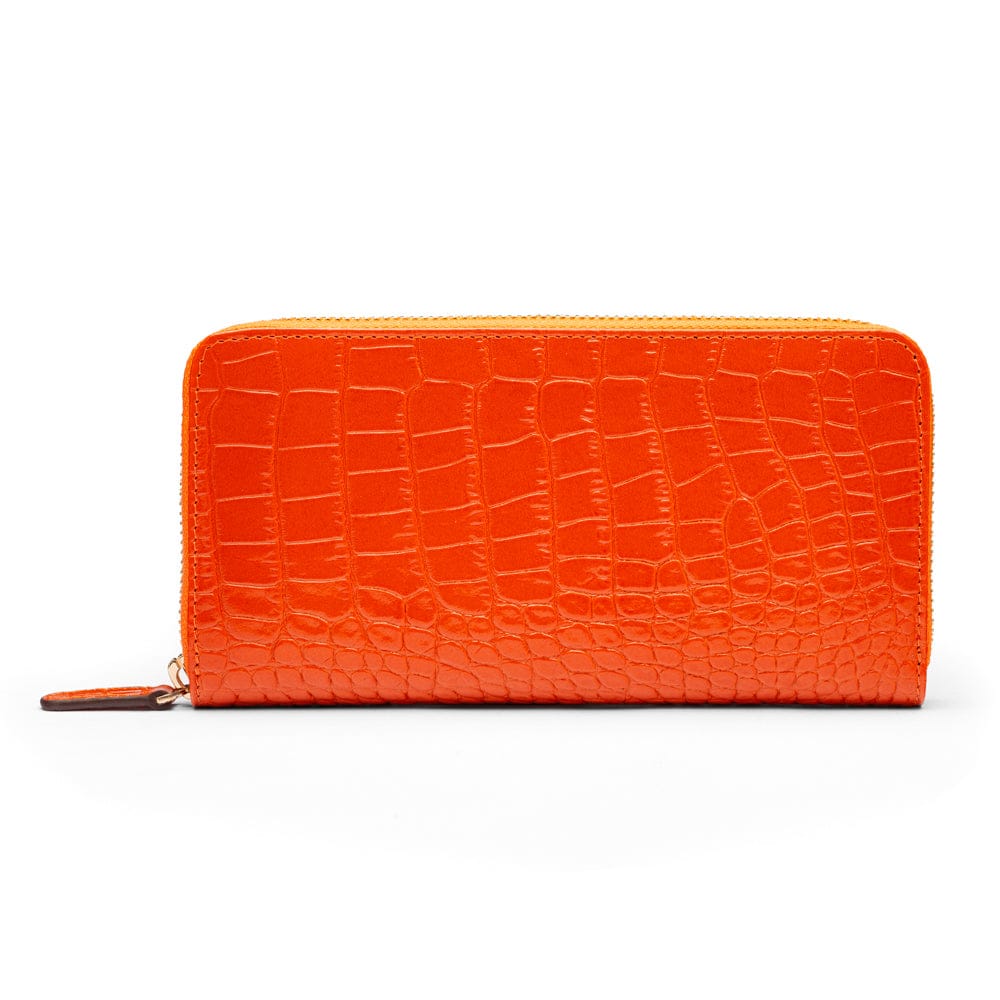 Tall leather zip around accordion purse, orange croc, back