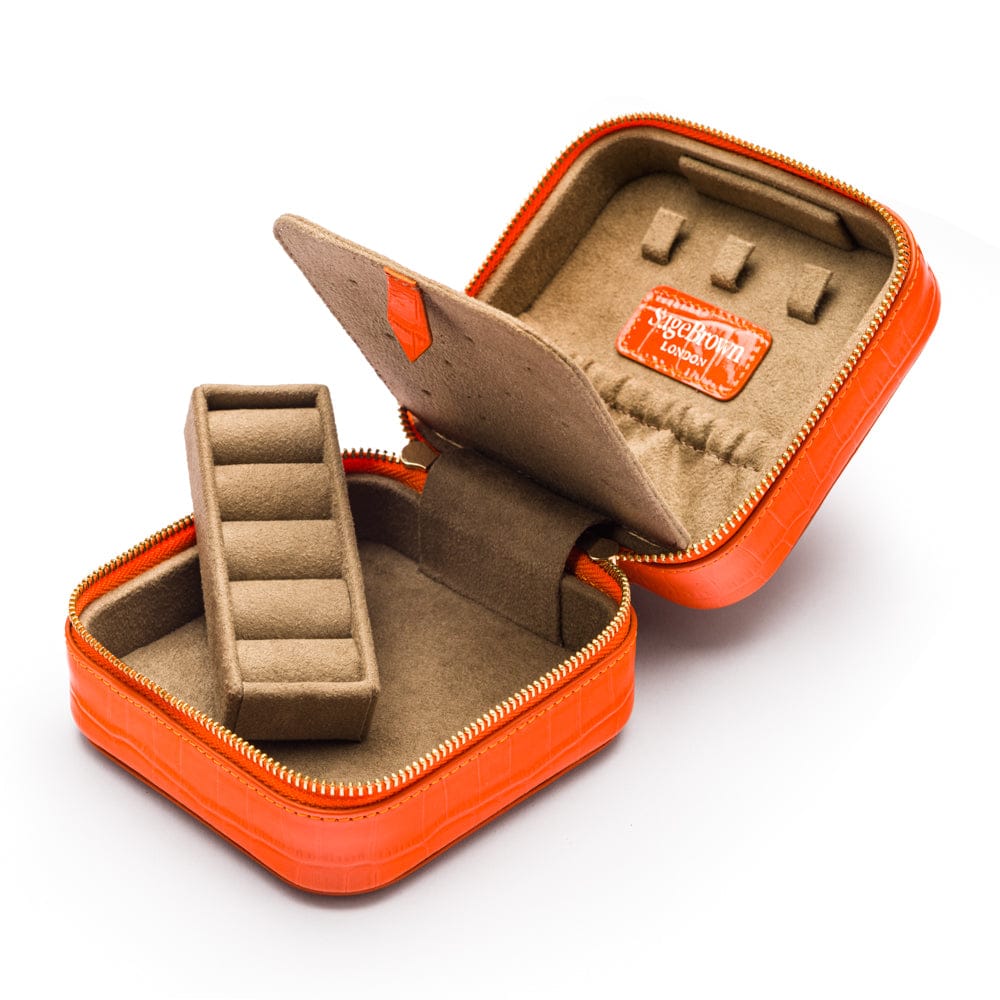 Leather travel jewellery case with zip, orange croc, inside