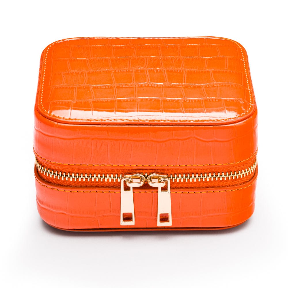 Leather travel jewellery case with zip, orange croc, front