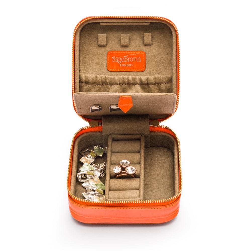Leather travel jewellery case with zip, orange croc, open