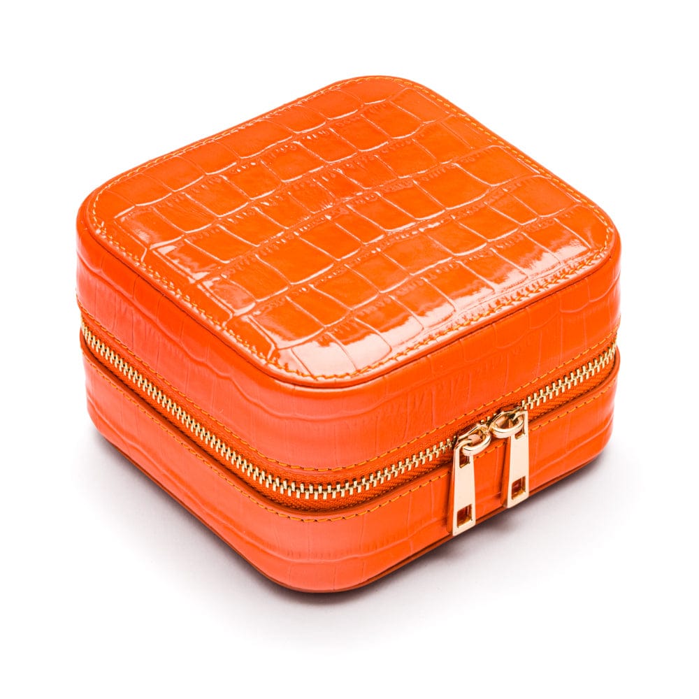 Leather travel jewellery case with zip, orange croc, side view