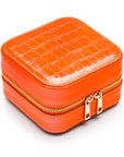 Leather travel jewellery case with zip, orange croc, side view