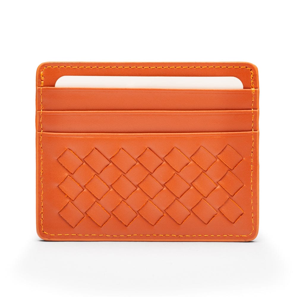 Flat woven leather card holder, orange, front