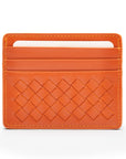 Flat woven leather card holder, orange, front