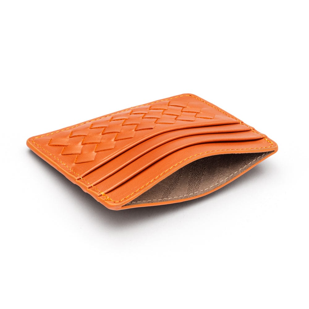 Flat woven leather card holder, orange, inside