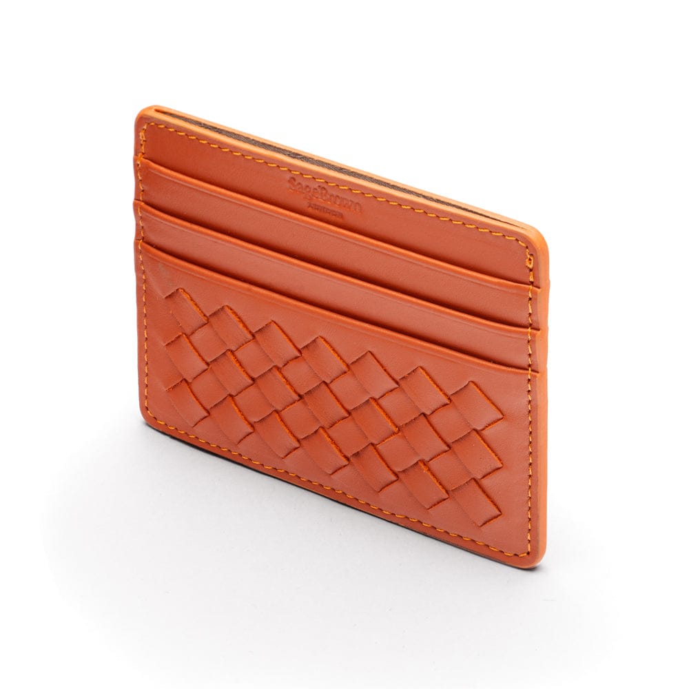 Flat woven leather card holder, orange, back