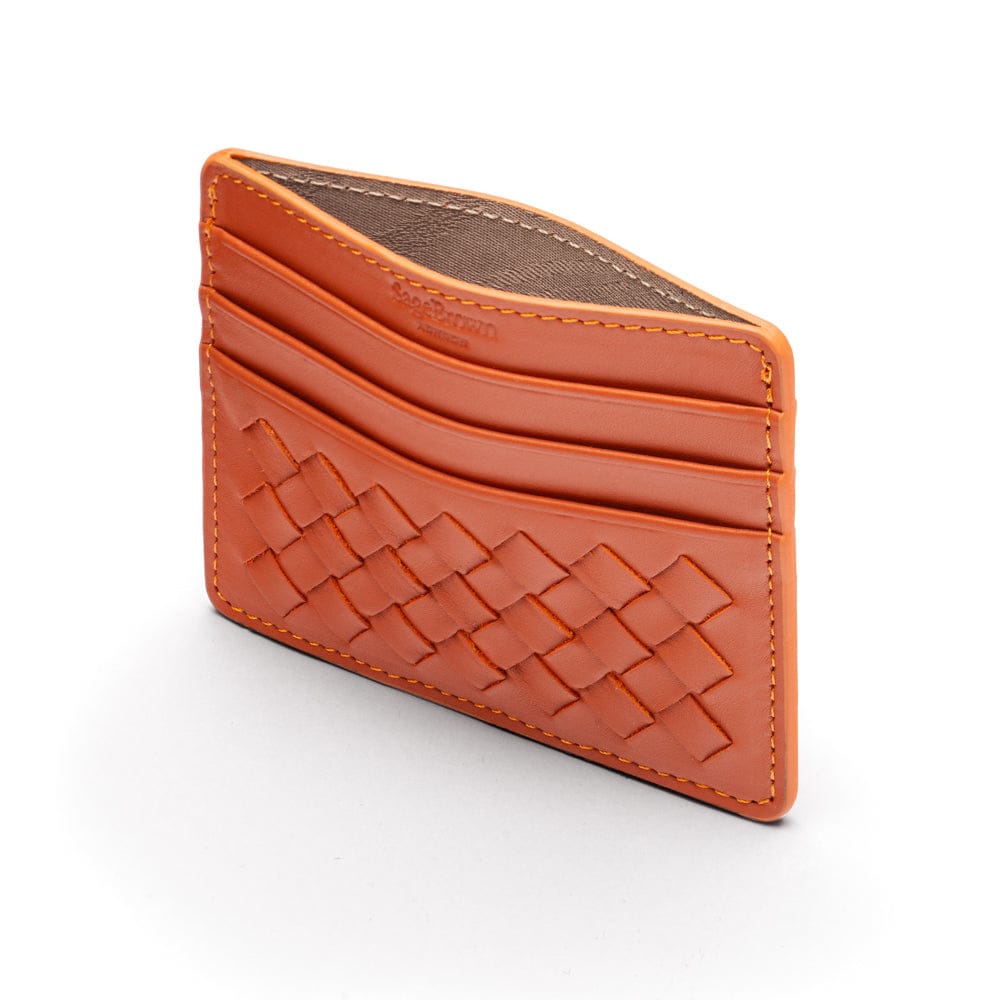 Flat woven leather card holder, orange, open