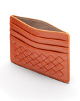 Flat woven leather card holder, orange, open