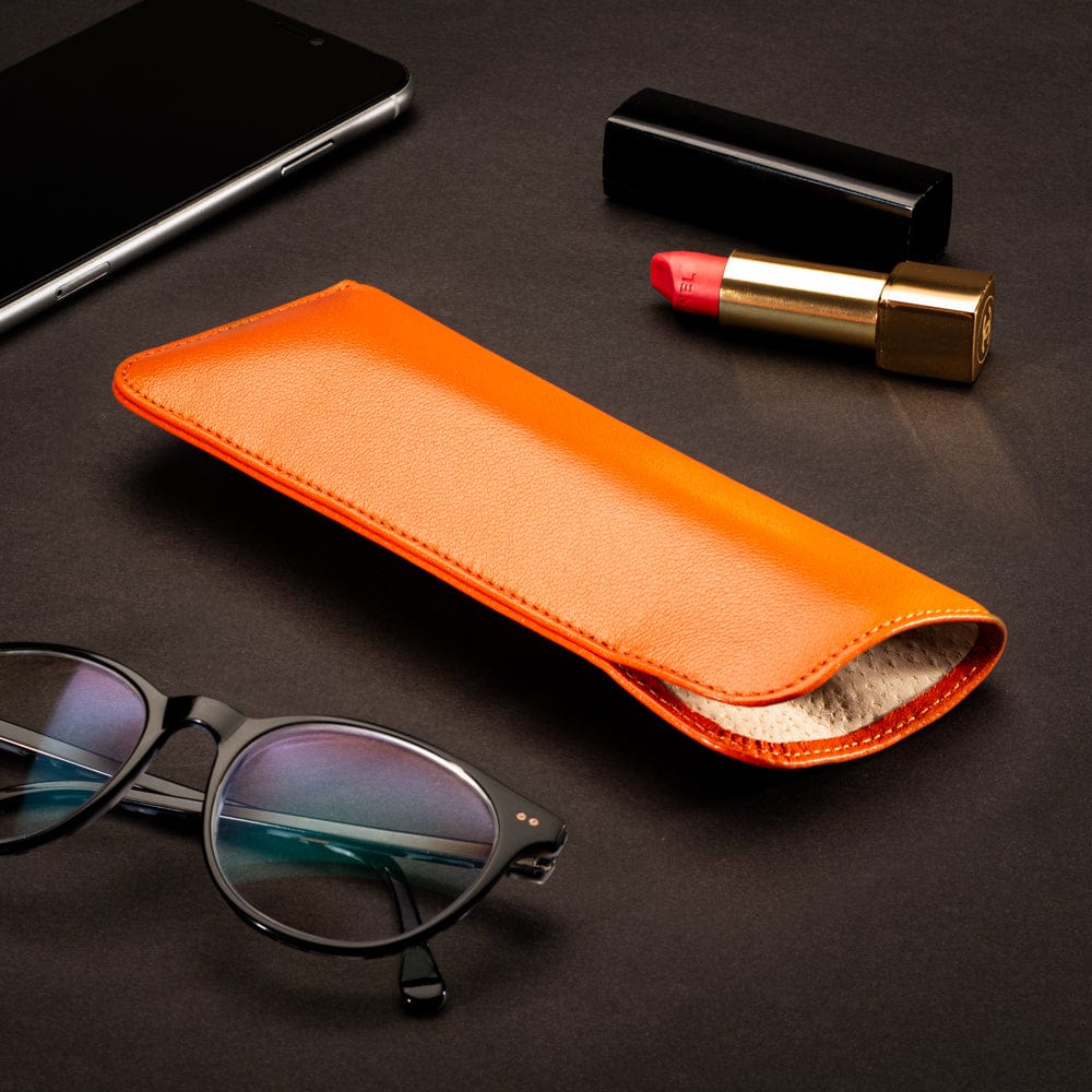Large leather glasses case, soft orange, lifestyle
