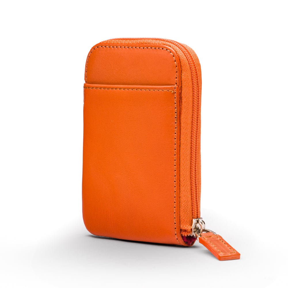 Leather card case with zip, orange, front view