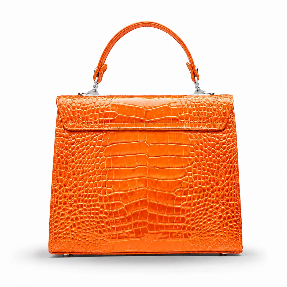 Leather Catherine top handle bag, orange patent croc, back