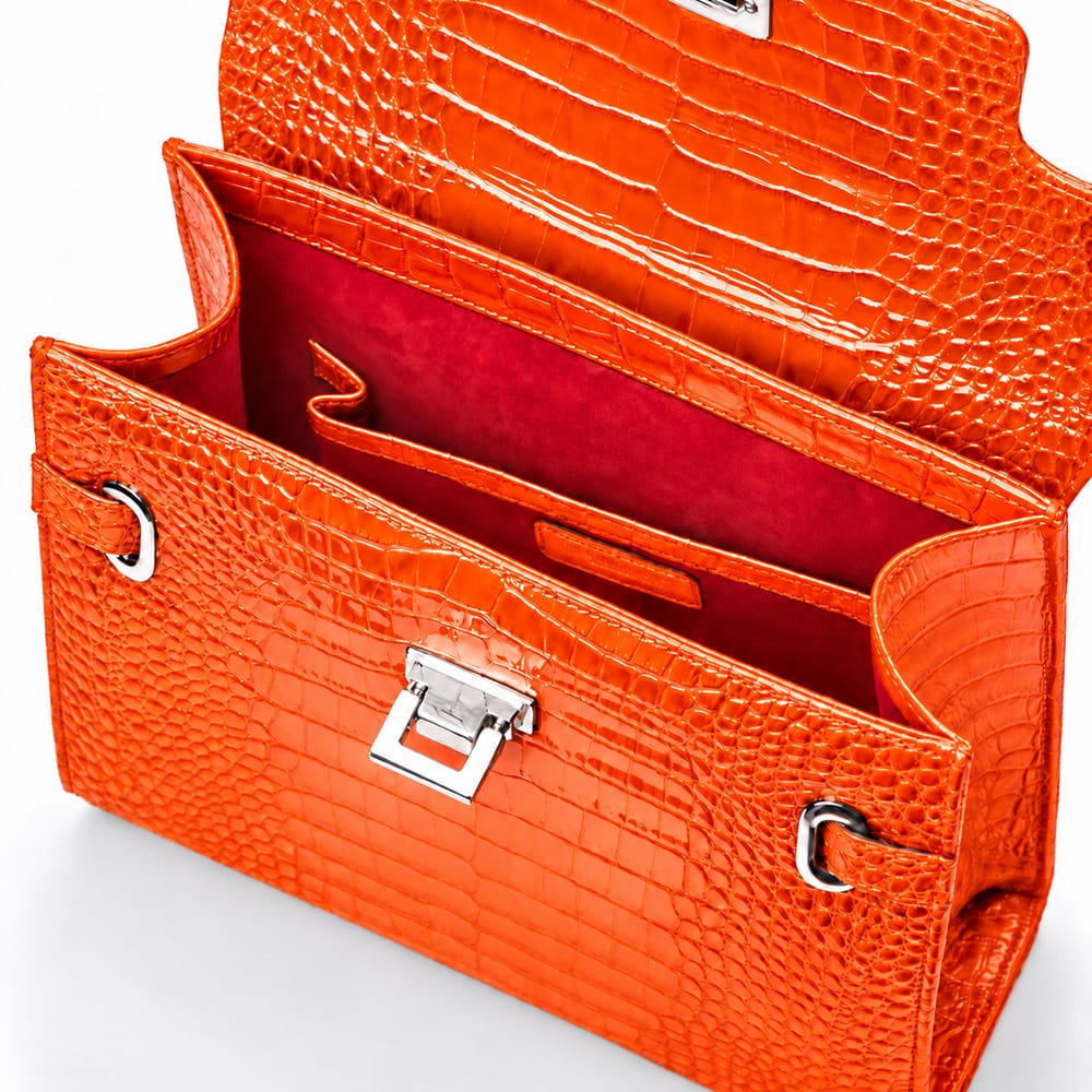 Leather Catherine top handle bag, orange patent croc,  inside