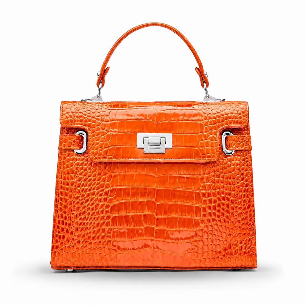 Leather Catherine top handle bag, orange patent croc, front