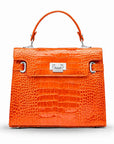 Leather Catherine top handle bag, orange patent croc, front