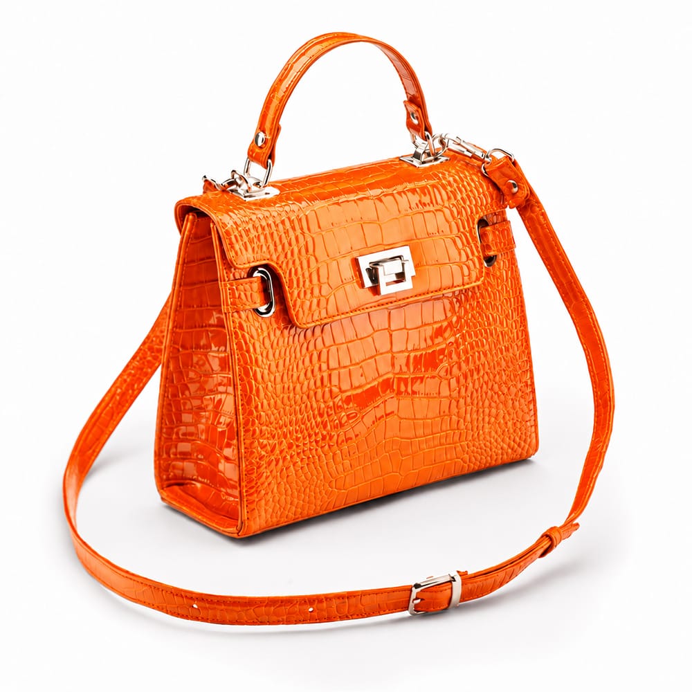 Leather Catherine top handle bag, orange patent croc, with strap