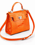 Leather Catherine top handle bag, orange patent croc, with strap